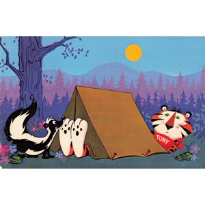 Vtg 1968 Kellogg's Tony the Tiger Postcard Camping Skunk Cereal Ad image 1