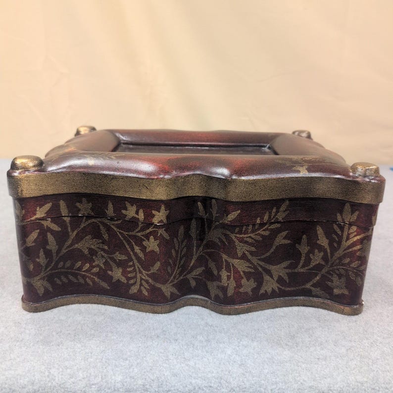 Chalkware Trinket Box Faux Wood Finish Gold Floral Vine Stencil Scalloped Edge image 6