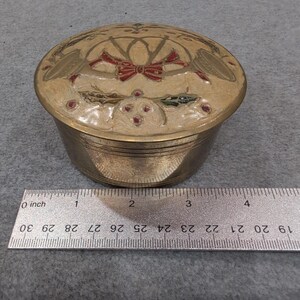 Vintage Brass Trinket Box Decorative Enamel Floral Bow Lid image 7