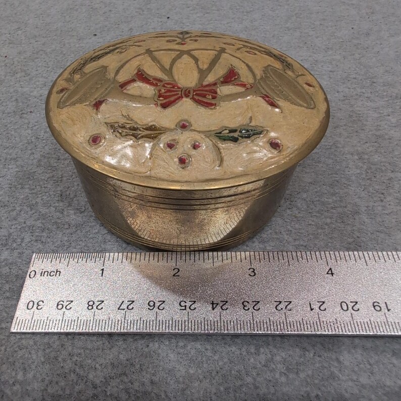 Vintage Brass Trinket Box Decorative Enamel Floral Bow Lid image 7