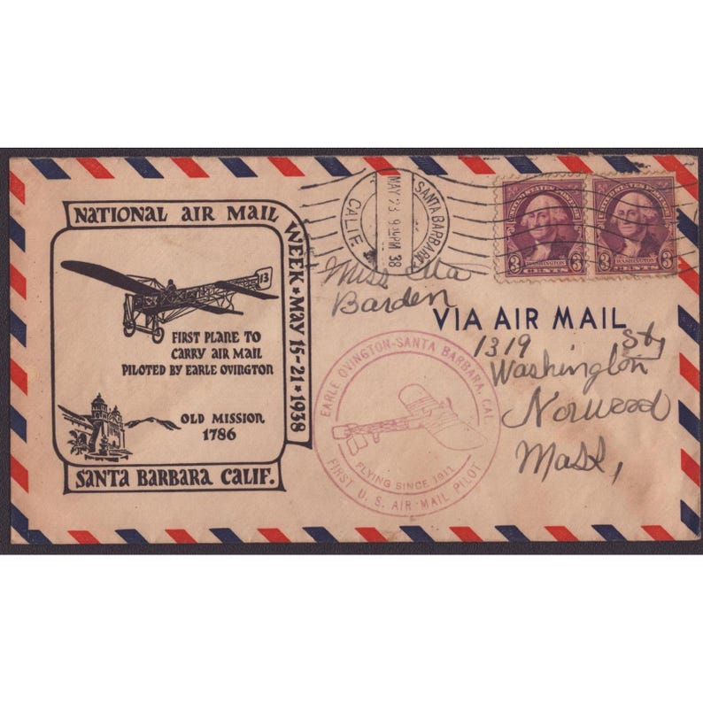 1938年全米航空郵便週間　カリフォルニア州サンタバーバラ　アール・オヴィントン・パイロット郵便カバー 画像 1