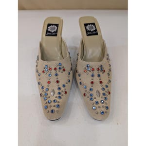 Yellow Box Jody Embellished Rhinestone Square Toe Beige Heel Mules Size 7.5 image 1