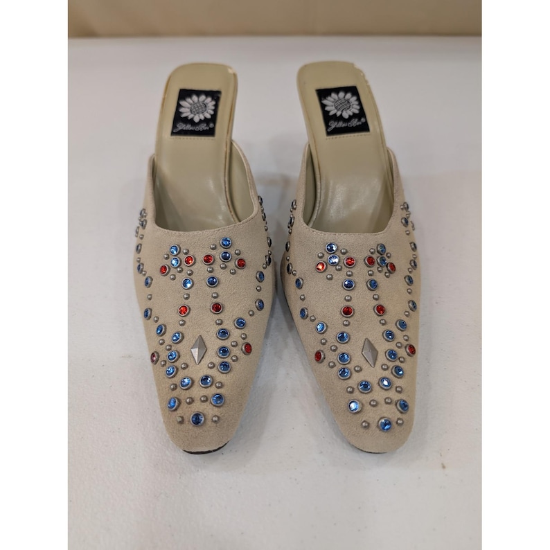 Yellow Box Jody Embellished Rhinestone Square Toe Beige Heel Mules Size 7.5 image 1
