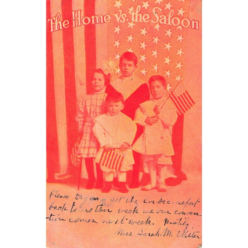 Postal antigua de 1911 sobre la templanza en el hogar frente al salón, Bandera roja para niños imagen 1
