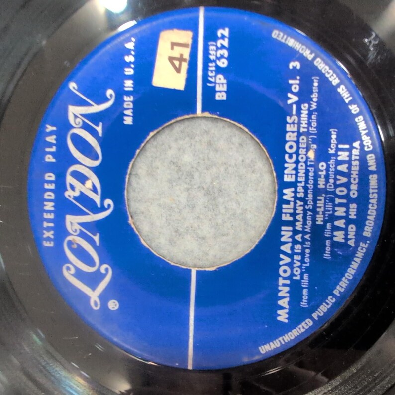Mantovani Film Encores Vol 3 London Records BEP 6322 Vinilo EP de 7 pulgadas 45 RPM imagen 1
