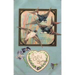 Antique Embossed Postcard A Gift of Love Swallows Violets Printed in Germany VG image 1