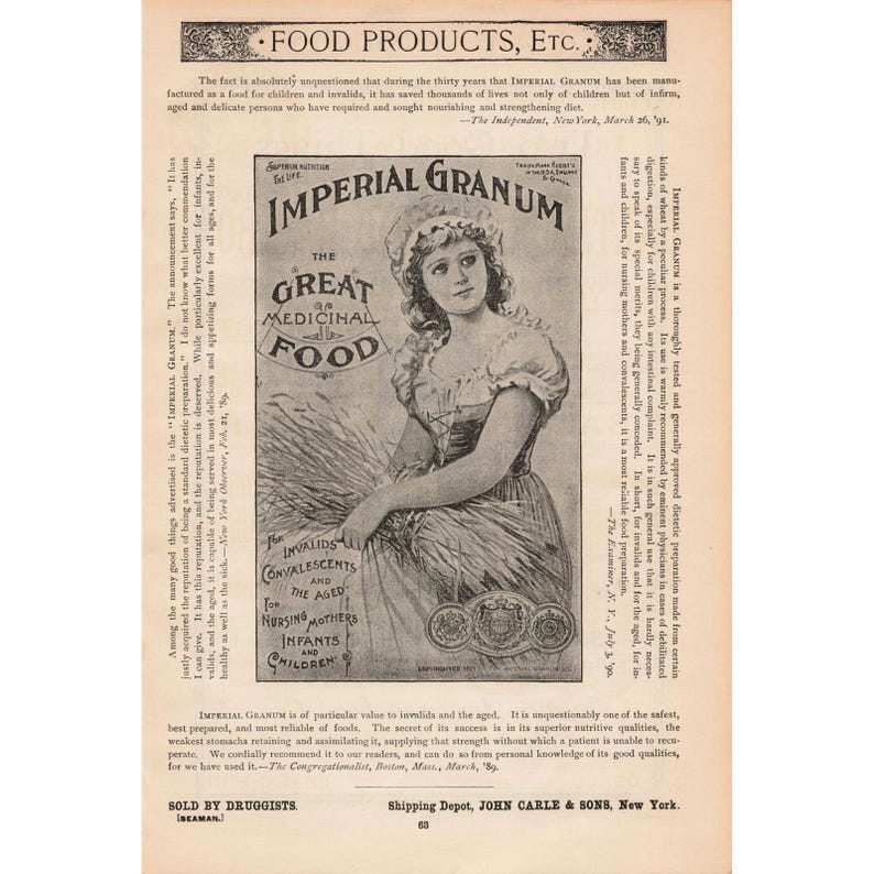 Manifesto pubblicitario d'epoca del 1891 Imperial Granum, il grande alimento medicinale immagine 1