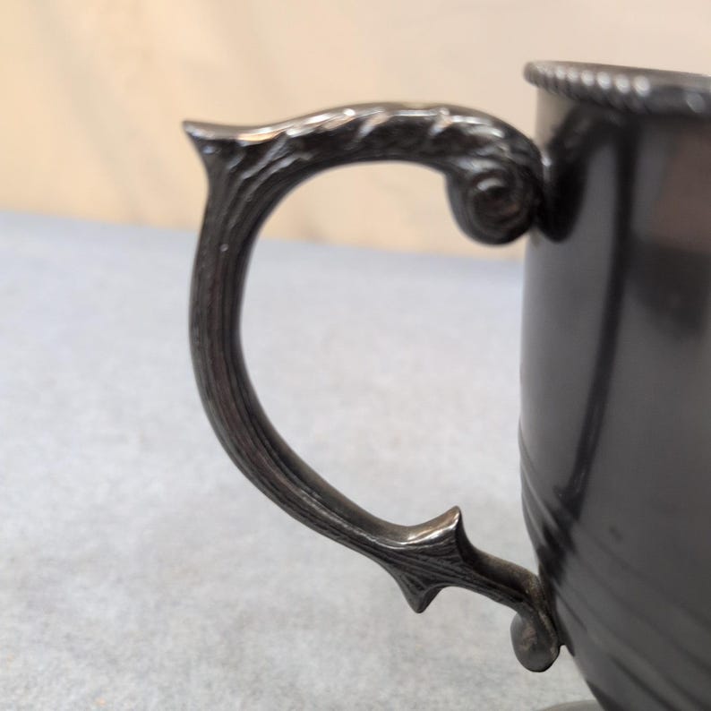 Vintage Silver Tone Loving Cup Trophy Ornate Handles Beaded Rim Pedestal Base image 5