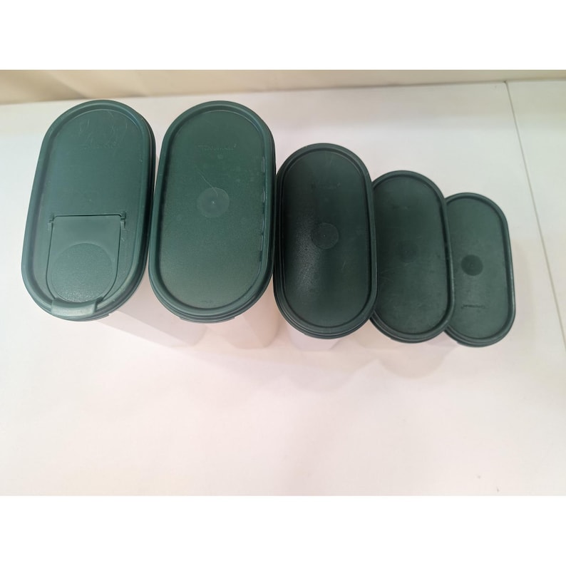 Tupperware Modular Mates Oval Storage Containers Set 5 Pieces Green Lids Vintage image 3