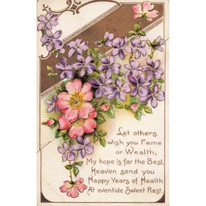 Antique Embossed Floral Postcard Pink Roses Purple Violets Poem Germany 2076 image 1