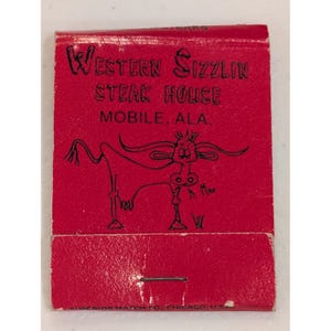 Vintage Western Sizzlin' Steak House Boîte d'allumettes mobile Alabama Cow image 1