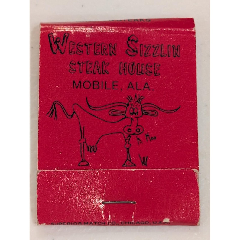 Vintage Western Sizzlin' Steak House Boîte d'allumettes mobile Alabama Cow image 1