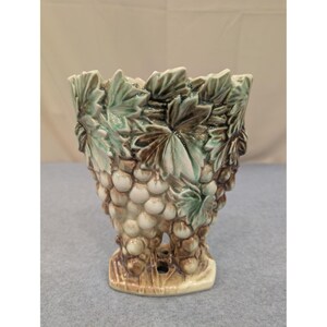 Vintage McCoy Pottery Grape and Leaf Relief Planter Green Brown Glaze Ceramic image 1