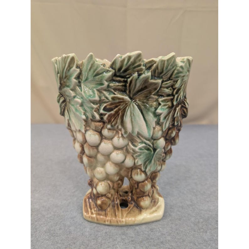 Vintage McCoy Pottery Grape and Leaf Relief Planter Green Brown Glaze Ceramic image 1