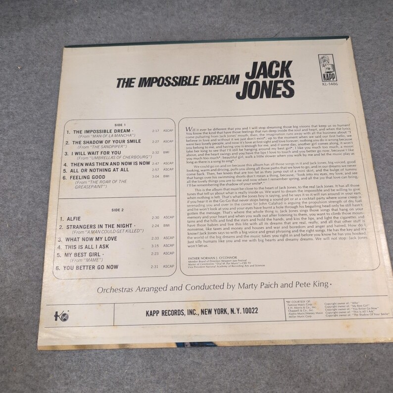 Jack Jones The Impossible Dream Vinyl LP Mono Kapp Records KL-1486 1966 image 2