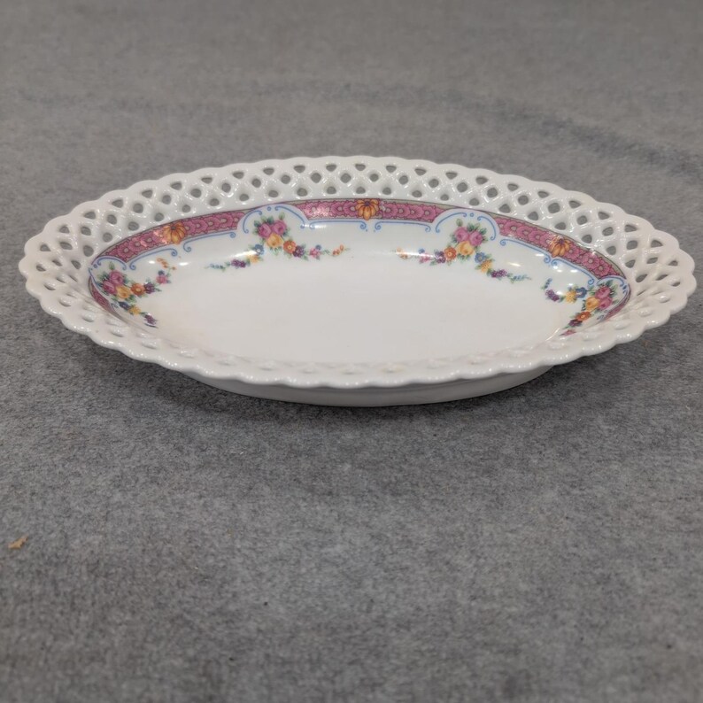 Schumann Arzberg Bavaria Reticulated Floral Porcelain Oval Bowl Pink Lattice Rim image 1