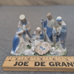 Vintage Style Blue and White Ceramic Nativity Scene Figurine Holy Family Lambs image 3