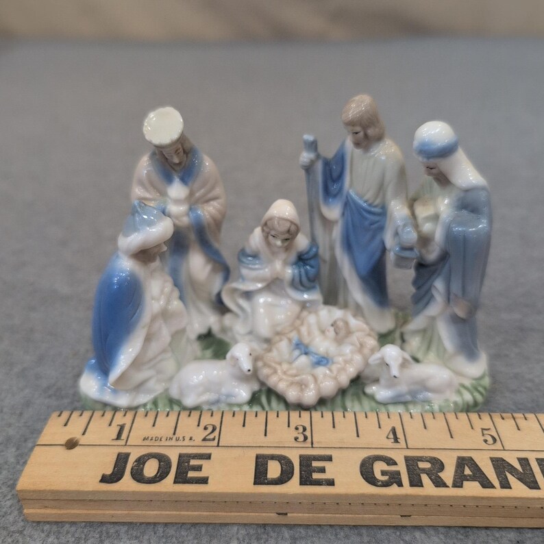 Vintage Style Blue and White Ceramic Nativity Scene Figurine Holy Family Lambs image 3