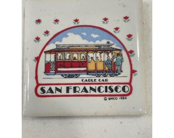 San Francisco Cable Car Magnet Ceramic Square Souvenir 1989