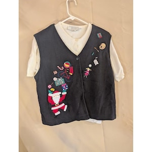 Vintage USA Made Christmas Santa Embroidered Vest & Sweater Set M image 1
