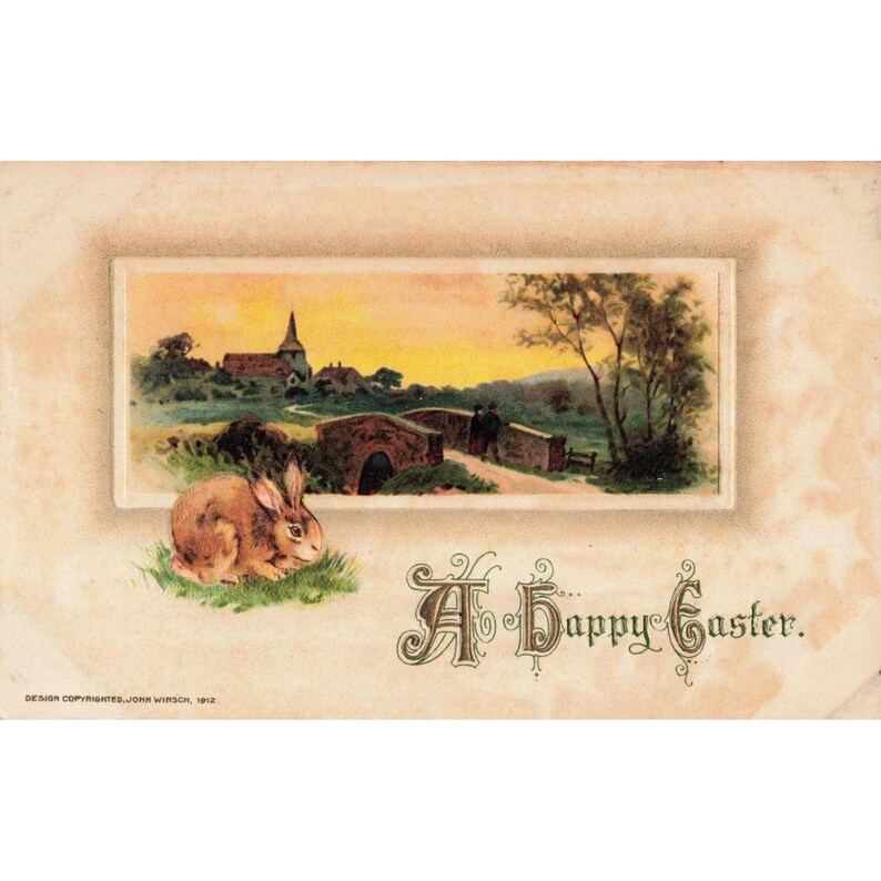 Vintage-Postkarte von John Winsch aus dem Jahr 1912: Frohe Ostern – Hase, Brücke, Landschaft, Deutschland Bild 1