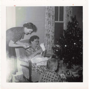 Vintage Photograph Christmas Tree Gifts Family Women December 1959 3.5" x 3.5" image 1
