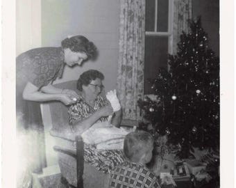 Vintage Photograph Christmas Tree Gifts Family Women December 1959 3.5" x 3.5"