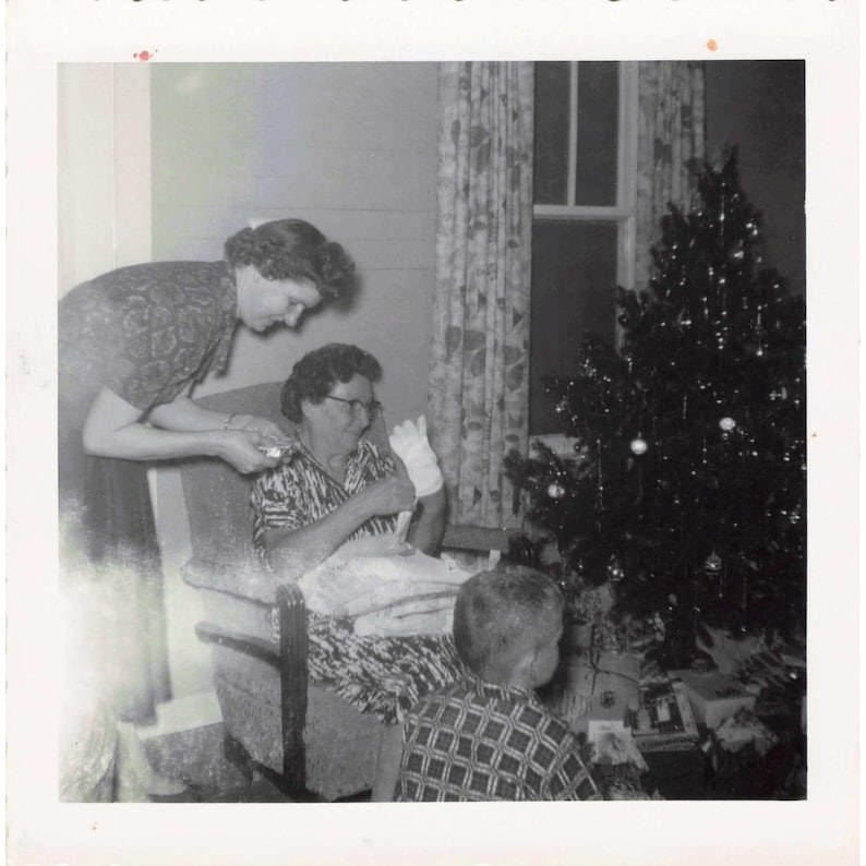 Vintage Photograph Christmas Tree Gifts Family Women December 1959 3.5" x 3.5" image 1