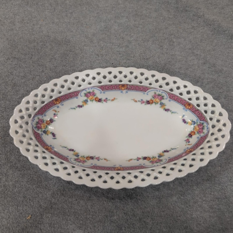 Schumann Arzberg Bavaria Reticulated Floral Porcelain Oval Bowl Pink Lattice Rim image 3