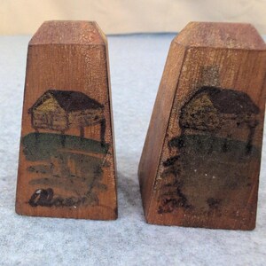 Vintage Hand Painted Wooden Cabin Salt and Pepper Shakers Rustic Folk Art Set image 1