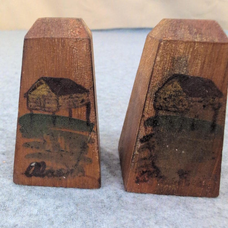 Vintage Hand Painted Wooden Cabin Salt and Pepper Shakers Rustic Folk Art Set image 1