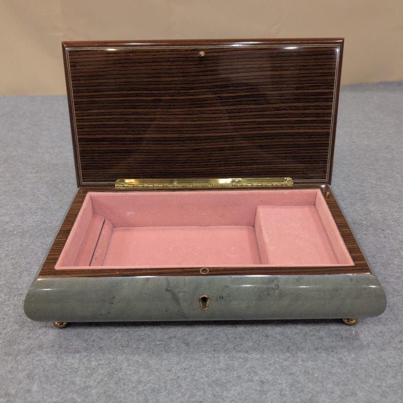 Vintage Reuge Music Box Floral Wood Inlay Green Marbled Swiss Mvmnt Jewelry Box image 2