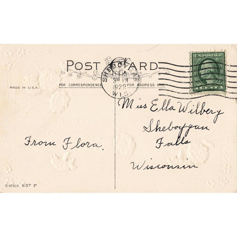 Vtg 1922 Stecher Litho Valentine Thoughts Postcard RPPC Woman Heart Carnations image 2