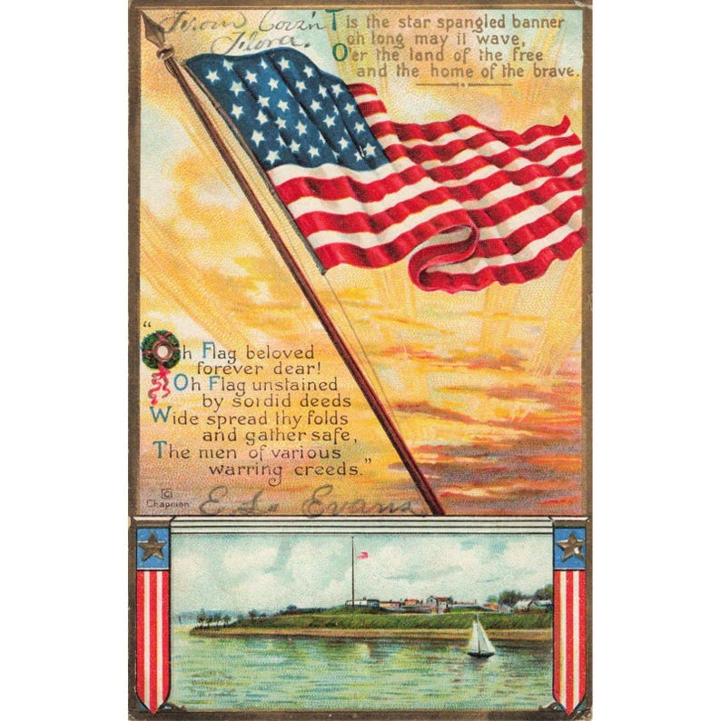 Carte postale patriotique ancienne, drapeau américain, poème « Star Spangled Banner », G. Chapman, très bon état image 1