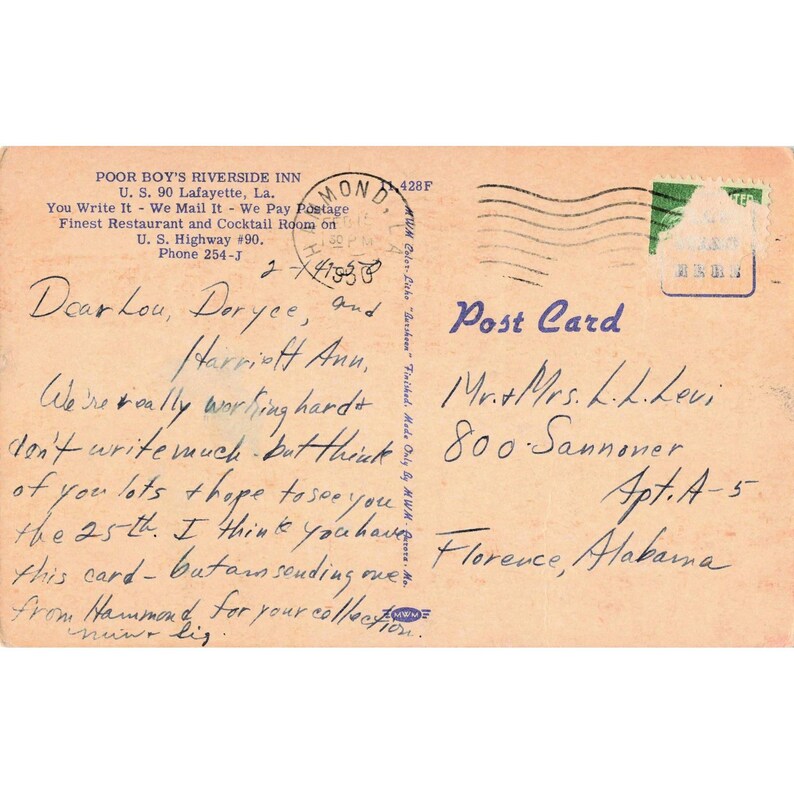 Poor Boy's Riverside Inn Lafayette LA Linen Postcard 1951 Roadside Restaurant image 2