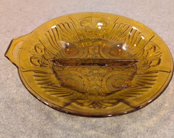 Vintage amberglas verdeeld Relish schotel pauwenoog patroon tabblad handvat serveren