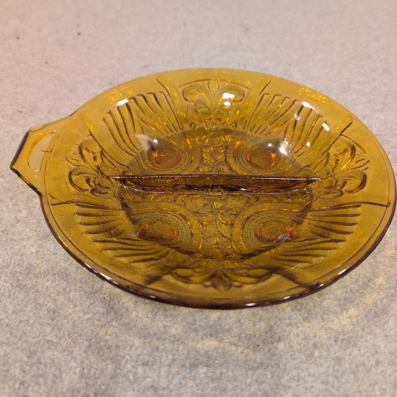Vintage Amber Glass Divided Relish Dish Peacock Eye Pattern Tab Handle Serving image 1