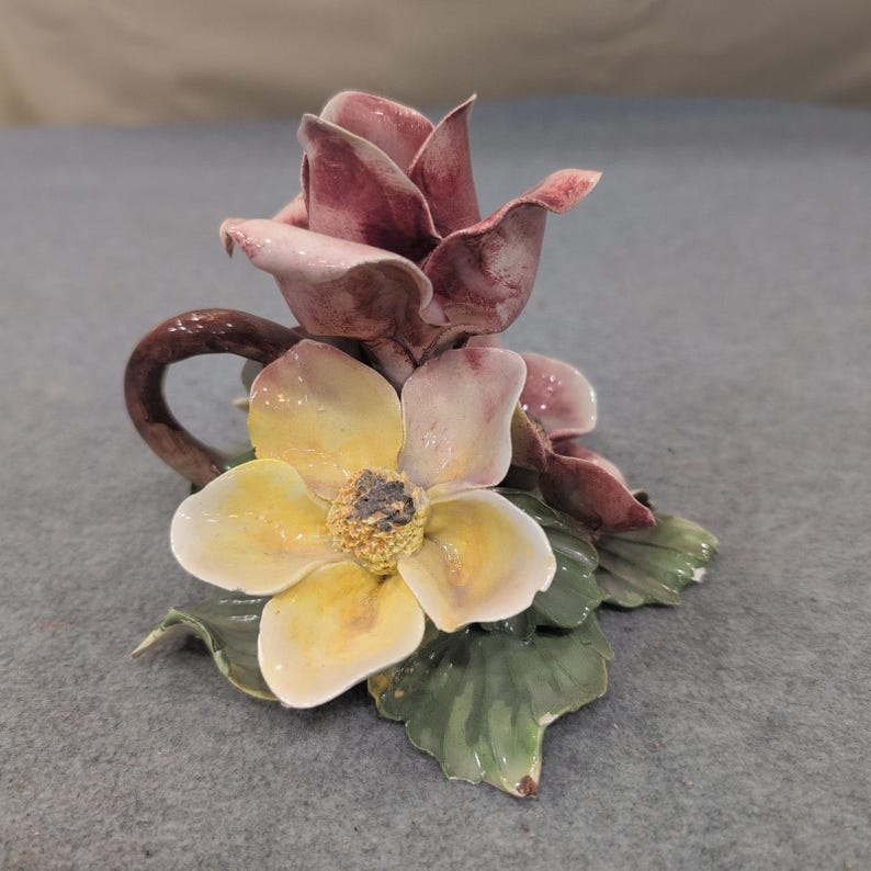 Himark Italy Ceramic Floral Figurine Rose Candle Holder Hand Painted Vintage image 1