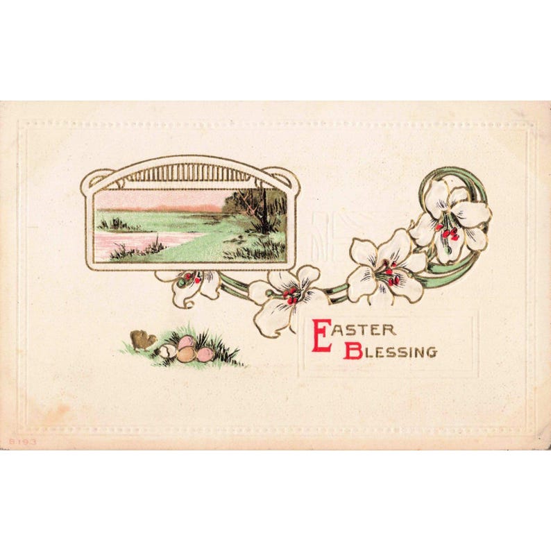 Vintage 1913 Embossed Easter Blessing Postcard Lilies Landscape B193 NY Postmark image 1