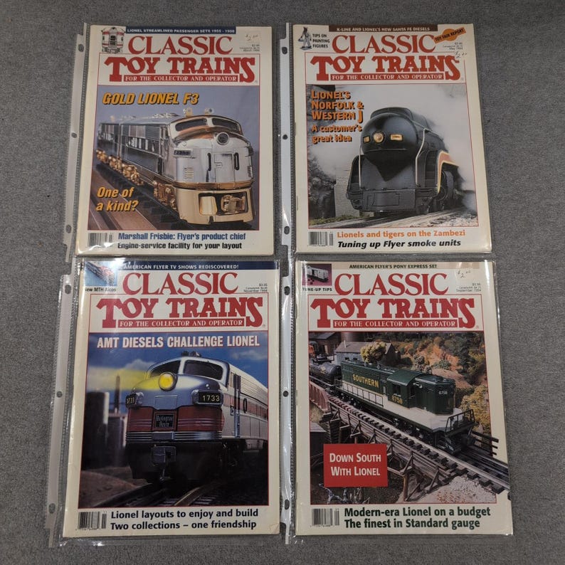 Lot 4 klassieke speelgoedtreinen Magazine 1994 maart mei september november Lionel Flyer afbeelding 1