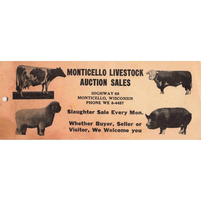 Vintage 1950s Monticello Livestock Auction Tag Wisconsin Cow Pig Sheep Bull image 1