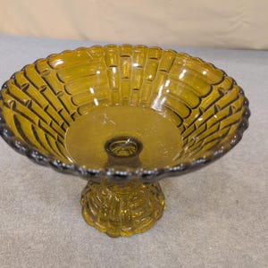 Vintage Olive Green Glass Compote Basketweave Scalloped Pedestal Candy Dish image 3