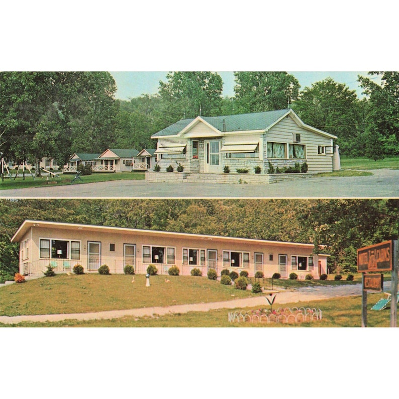 Vintage ansichtkaart uit 1967 van het Sunset Motel Cabins Restaurant in St. Albans, Vermont (chromen uitvoering). afbeelding 1