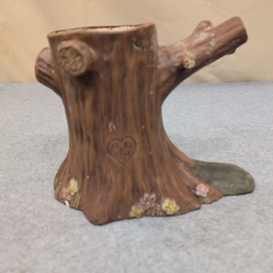 Vintage Baumstumpf Keramik Pflanzgefäß Rinde Textur Herz Carving Brown Floral Bild 1