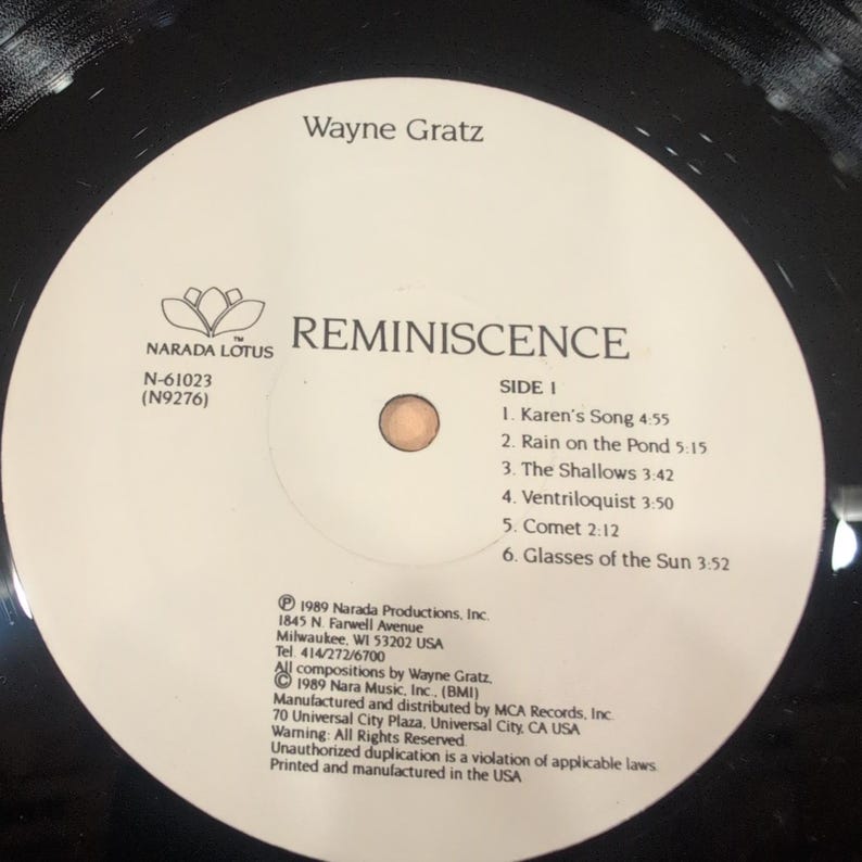 Wayne Gratz Reminiscence Vinyl LP Narada Lotus 1989 New Age Piano N-61023 image 4