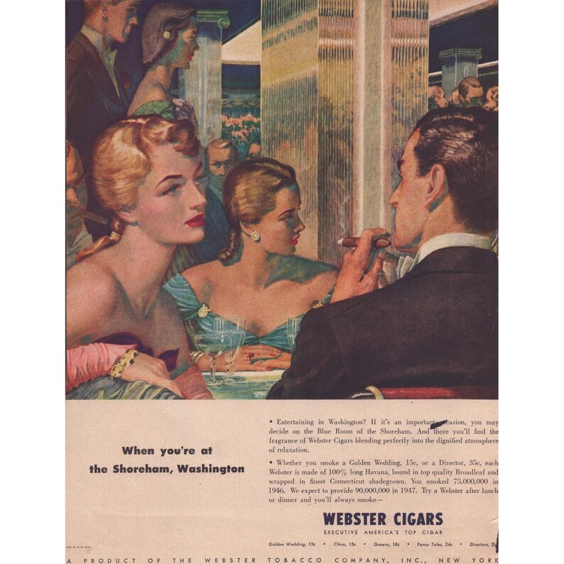 Publicité imprimée pour les cigares Webster millésime 1947, Shoreham, Washington DC image 1