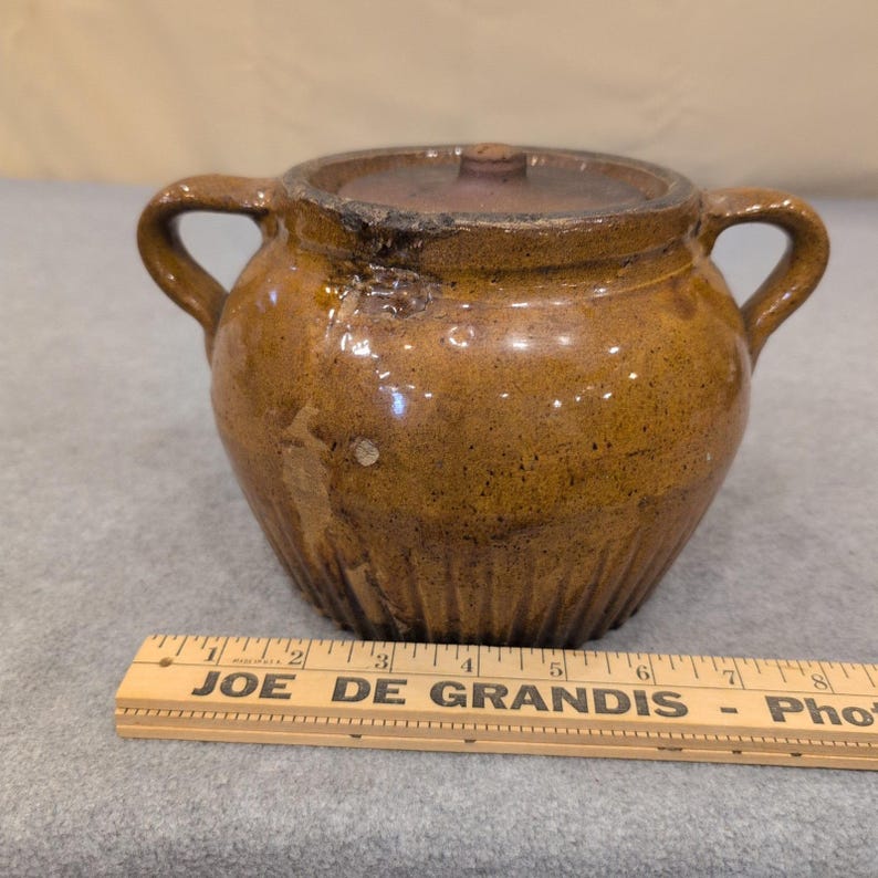 Antique Brown Glazed Stoneware Bean Pot with Lid Ribbed Base Dual Handles image 5