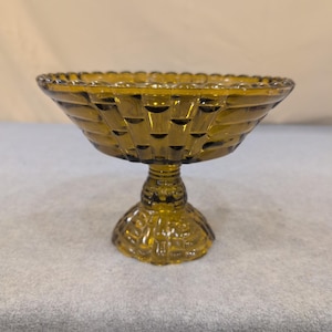 Vintage Olive Green Glass Compote Basketweave Scalloped Pedestal Candy Dish image 1