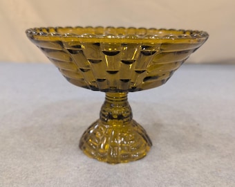 Vintage Olive Green Glass Compote Basketweave Scalloped Pedestal Candy Dish