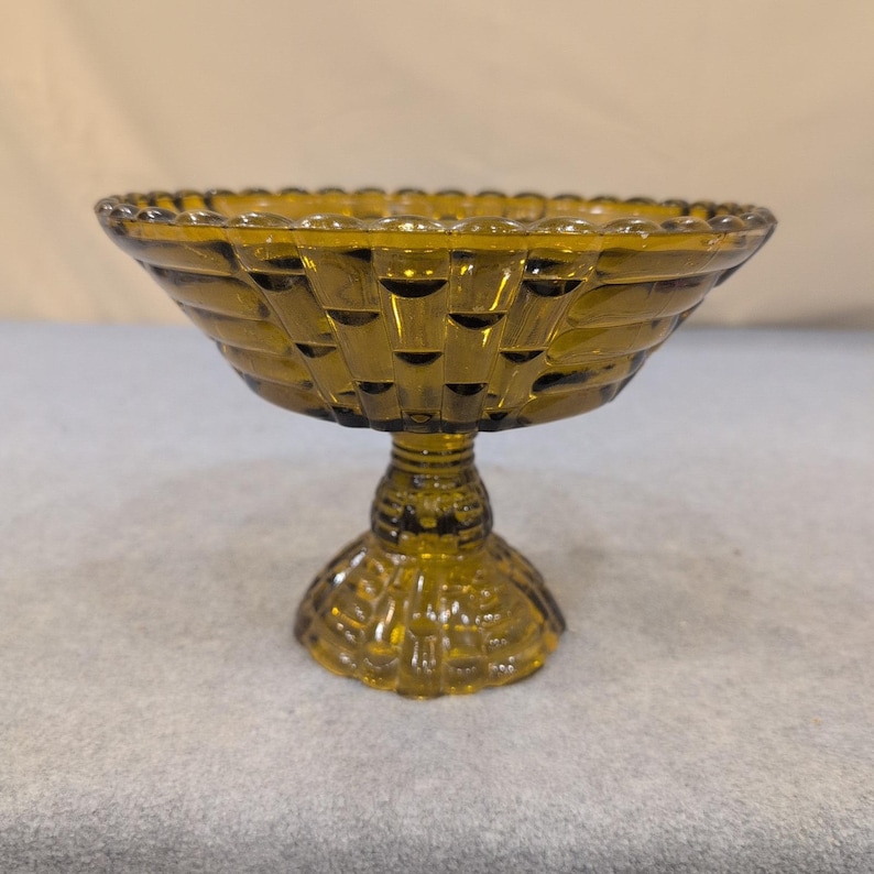 Vintage Olive Green Glass Compote Basketweave Scalloped Pedestal Candy Dish image 1
